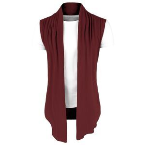 Ruffle Shawl Collar Cardigan Sleeveless Lightweight Vest Drape Cape Burgundy